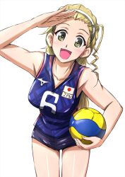 Rule 34 | 1girl, :d, ball, blonde hair, blue shirt, blue shorts, brown eyes, commentary, cowboy shot, girls und panzer, hair pulled back, hairband, highres, holding, holding ball, japanese flag, leaning forward, long hair, looking at viewer, micro shorts, omachi (slabco), open mouth, ponytail, salute, sasaki akebi, shirt, shorts, simple background, smile, solo, sportswear, standing, v-neck, volleyball, volleyball (object), volleyball uniform, white background, white hairband