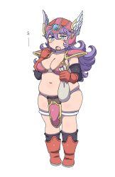 Rule 34 | 1girl, absurdres, armor, belly, bikini armor, black sleeves, black socks, blue eyes, blush stickers, boots, breasts, cleavage, detached sleeves, dragon quest, dragon quest iii, eating, eyelashes, full body, gloves, hair between eyes, hand up, helmet, highres, holding, holding sack, knee boots, kneehighs, light purple hair, loincloth, long hair, long sleeves, medium breasts, navel, no pupils, open mouth, pauldrons, pink armor, pink headwear, plump, powerhamuhamu, red footwear, red gloves, sack, shoulder armor, simple background, skindentation, socks, soldier (dq3), solo, standing, white background, winged helmet