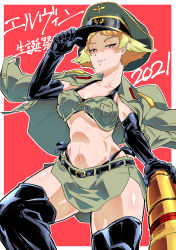 Rule 34 | 1girl, absurdres, adjusting clothes, adjusting headwear, ammunition, belt, bikini, bikini under clothes, birthday, black belt, black bikini, black footwear, black gloves, blonde hair, boots, breasts, brown eyes, brown jacket, brown shirt, brown skirt, character name, commentary request, crop top, dated, elbow gloves, erwin (girls und panzer), girls und panzer, gloves, goggles, goggles on headwear, green hat, half-closed eyes, hat, highleg, highleg bikini, highres, holding, jacket, jacket on shoulders, long sleeves, looking at viewer, medium breasts, microskirt, military hat, outline, parted lips, partial commentary, peaked cap, pointy hair, red background, shell (projectile), shinkuukan (tetsuo3), shirt, short hair, side-tie bikini bottom, skirt, smile, solo, standing, swimsuit, thigh boots, thighhighs, white outline, zipper