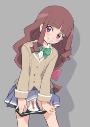 Rule 34 | 1girl, black panties, blood, blood on clothes, blue skirt, blunt bangs, blush, blush stickers, bow, bowtie, brown hair, buttons, clothes lift, commentary request, digimon, digimon ghost game, dot nose, feet out of frame, green bow, green bowtie, grey background, highres, kikurage (crayon arts), lapels, lifting own clothes, long hair, long sleeves, looking at viewer, low-tied long hair, menstrual pad, menstruation, pad, panties, panty pull, pink eyes, pleated skirt, pulling own clothes, school uniform, sidelocks, simple background, skirt, skirt lift, smile, solo, standing, teeth, tsukiyono ruli, underwear, very long hair, wavy hair