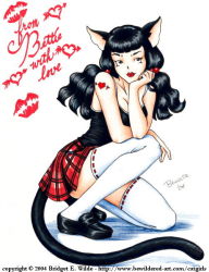Rule 34 | 00s, 1girl, 2004, animal ears, arrow through heart, bewildered, black eyes, black footwear, black hair, black shirt, breasts, cat ears, cat girl, cat tail, cleavage, collarbone, hair bobbles, hair ornament, head rest, heart, heart tattoo, lipstick mark, long hair, looking up, low twintails, medium breasts, plaid, plaid skirt, red skirt, shirt, shoes, shoulder tattoo, skirt, solo, tail, tank top, tattoo, thighhighs, twintails, white background, white thighhighs