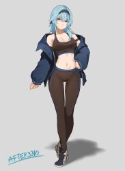 Rule 34 | 1girl, absurdres, after3310, alternate costume, bare shoulders, black hairband, black pants, blue hair, blue jacket, breasts, cleavage, collarbone, commentary, crop top, eula (genshin impact), full body, genshin impact, grey background, hairband, head tilt, highres, jacket, leggings, long hair, long sleeves, looking at viewer, medium breasts, midriff, navel, off shoulder, pants, purple eyes, shadow, shoes, simple background, sneakers, solo, sports bra, standing, stomach, thighs