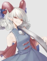 Rule 34 | 1girl, bare shoulders, blue bow, bow, cowboy shot, curly hair, earrings, grey background, grey hair, grin, highres, holding, holding weapon, horn bow, horn ornament, horns, jewelry, looking at viewer, medium hair, orchid (pixiv3730518), over shoulder, pointy ears, red eyes, red horns, red sleeves, ribbon, sharp teeth, sheep horns, simple background, smile, solo, teeth, touhou, toutetsu yuuma, weapon, weapon over shoulder