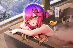 Rule 34 | 1girl, blush, brown eyes, character name, choko (cup), completely nude, cup, hair ornament, hairclip, highres, kantai collection, long hair, mole, mole under eye, nude, onsen, open mouth, partially submerged, purple hair, rubber duck, solo, tokkuri, tsushima (kancolle), twitter username, unidentified nk, water