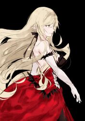 Rule 34 | 1girl, black background, black bow, blonde hair, bow, breasts, closed mouth, dress, elbow gloves, facing to the side, gloves, hair between eyes, highres, kiss-shot acerola-orion heart-under-blade, kizumonogatari, knees out of frame, large breasts, long hair, looking ahead, moku (muooku), monogatari (series), nape, no bra, oshino shinobu, pale skin, pointy ears, red dress, simple background, very long hair, walking, white gloves, yellow eyes