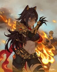 Rule 34 | 1girl, abs, arepko, black hair, blue eyes, breasts, criss-cross halter, dehya (genshin impact), fake tail, fire, genshin impact, halterneck, highres, holding, holding weapon, large breasts, long hair, looking at viewer, mechanical arms, midriff, navel, orange hair, parted bangs, single mechanical arm, solo, sword, tail, vision (genshin impact), weapon