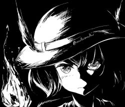 Rule 34 | 10s, 1girl, artist name, commentary, english commentary, fire, frown, greyscale, hair between eyes, hat, hat feather, high contrast, kaban (kemono friends), kemono friends, looking at viewer, maullarmaullar, monochrome, portrait, serious, short hair, solo, twitter username