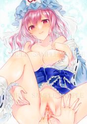 Rule 34 | 1girl, alto2019, blue headwear, blue kimono, blush, breasts, breasts out, censored, clothes down, cum, cum in pussy, disembodied hand, fingering, frilled kimono, frills, hat, highres, hitodama, japanese clothes, kimono, large breasts, leg up, looking at viewer, marker (medium), medium hair, mob cap, nipples, obi, off shoulder, pink eyes, pink hair, pussy, saigyouji yuyuko, sample watermark, sash, smile, spread legs, tears, touhou, traditional media, triangular headpiece, veil, watermark