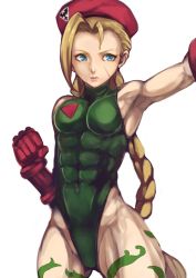 Rule 34 | 1girl, abs, bad id, bad pixiv id, beret, blonde hair, blue eyes, bodypaint, braid, breasts, cammy white, camouflage, chienon, fingerless gloves, gloves, hat, leotard, long hair, muscular, muscular female, scar, simple background, solo, street fighter, thick thighs, thighs, twin braids