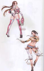 Rule 34 | 2girls, absurdres, alternate costume, ass, boots, breasts, brown eyes, brown hair, cleavage, dagger, elbow pads, full body, hand on own hip, highres, jaycee (tekken), julia chang, knife, large breasts, legs, long hair, long legs, looking back, mask, unworn mask, midriff, multiple girls, namco, navel, non-web source, official art, tekken, tekken tag tournament 2, thigh boots, thighhighs, thighs, twintails, weapon, wrestling outfit, yamashita shun&#039;ya, zafina, zafina (tekken)