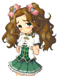 Rule 34 | 10s, 1girl, blush, bow, brown hair, gloves, green eyes, green skirt, hair bow, idolmaster, idolmaster cinderella girls, kusakabe wakaba, long hair, looking at viewer, nametake, skirt, solo, standing, thick eyebrows, white gloves