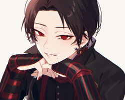 Rule 34 | 1boy, black hair, chromatic aberration, earrings, grin, hair over shoulder, head on hand, head rest, jewelry, kashuu kiyomitsu, long hair, looking at viewer, male focus, mole, mole under mouth, nail polish, ponytail, red eyes, red nails, simple background, smile, solo, touken ranbu, upper body, white background, yamada chickenko
