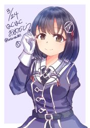 Rule 34 | 1girl, absurdres, black hair, brown eyes, character name, commentary request, dated, gloves, grey background, haguro (kancolle), haguro kai ni (kancolle), hair ornament, highres, kantai collection, looking at viewer, one-hour drawing challenge, short hair, solo, suzuki suika, twitter username, two-tone background, white gloves