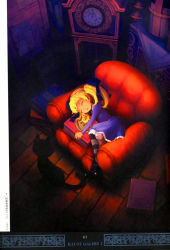Rule 34 | 1girl, absurdres, alice (odin sphere), black cat, blonde hair, bloomers, book, cat, chair, child, clock, closed eyes, dark, dress, dutch angle, flat chest, frills, from above, grandfather clock, hair ribbon, highres, hug, indoors, lying, non-web source, odin sphere, official art, on side, open mouth, paper, ribbon, scan, shigatake, shoes, short dress, sleeping, socrates (odin sphere), striped clothes, striped legwear, striped thighhighs, thighhighs, twintails, underwear