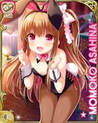 Rule 34 | 1girl, animal ears, asahina momoko, black leotard, bow, bowtie, breasts, brown hair, brown pantyhose, card, character name, cleavage, collar, cuffs, detached collar, fake animal ears, girlfriend (kari), hair ornament, indoors, lace, leggings, leotard, official art, open mouth, pantyhose, pink bow, pink bowtie, pink ribbon, playboy bunny, qp:flapper, rabbit ears, rabbit tail, red eyes, ribbon, smile, solo, table, tablecloth, tagme, tail, thighs, wooden floor