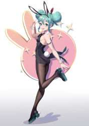 Rule 34 | 1girl, absurdres, alternate hairstyle, animal ears, aqua eyes, aqua hair, armband, black pantyhose, braid, braided bun, breasts, collar, double bun, fake animal ears, from side, full body, hair bun, hatsune miku, highres, looking at viewer, necktie, nori tamahana, open mouth, pantyhose, rabbit ears, rabbit tail, small breasts, solo, tail, v, vocaloid, white background, wrist cuffs