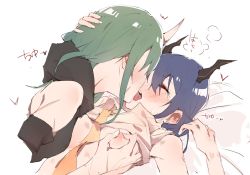 Rule 34 | 2girls, arknights, arm ribbon, arm scarf, bare shoulders, blue hair, blush, ch&#039;en (arknights), closed eyes, clothes lift, collared shirt, commentary request, dragon horns, female focus, french kiss, girl on top, green hair, hair between eyes, hand on another&#039;s head, highres, horns, hoshiguma (arknights), kiss, kyou 039, long hair, lying, multicolored neckwear, multiple girls, neckwear request, nipple stimulation, nipple tweak, nipples, on back, open mouth, ribbon, shirt, shirt lift, single horn, skin-covered horns, tongue, tongue out, yellow neckwear, yuri