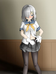 Rule 34 | 10s, 1girl, adjusting clothes, black pantyhose, blue eyes, blush, breasts, cowboy shot, eyes visible through hair, female focus, gloves, hair ornament, hair over one eye, hairclip, hamakaze (kancolle), highres, indoors, kantai collection, large breasts, light smile, looking at viewer, miniskirt, navel, neckerchief, pantyhose, pleated skirt, school uniform, serafuku, short hair, short sleeves, sketch, skirt, solo, standing, tachi (mtd), undressing, unzipping, wainscoting, white gloves, white hair, yellow neckerchief