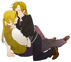Rule 34 | 2boys, alphonse elric, blonde hair, brothers, closed eyes, edward elric, full body, fullmetal alchemist, imminent kiss, incest, long hair, male focus, multiple boys, noako, open mouth, ponytail, siblings, simple background, smile, white background, yaoi