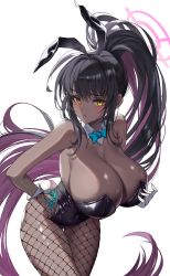 Rule 34 | 1girl, 2v (joyeong), absurdres, animal ears, bare shoulders, black hair, black leotard, blue archive, blush, bow, bowtie, breasts, cleavage, curvy, dark-skinned female, dark skin, fake animal ears, fishnet pantyhose, fishnets, gloves, highleg, highleg leotard, highres, huge breasts, karin (blue archive), karin (bunny) (blue archive), leotard, long hair, looking at viewer, pantyhose, playboy bunny, ponytail, rabbit ears, shiny clothes, shiny skin, solo, traditional bowtie, very long hair, wide hips, wrist cuffs, yellow eyes