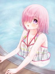 Rule 34 | 1girl, bikini, blush, collarbone, day, fate/grand order, fate (series), front-tie bikini top, front-tie top, hair over one eye, harukappa, highres, looking up, mash kyrielight, medium hair, official alternate costume, outdoors, partially submerged, pink hair, pool, purple eyes, ribbon, solo, striped bikini, striped clothes, swimsuit, upper body