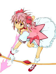 Rule 34 | 10s, 1girl, bow (weapon), bubble skirt, gloves, highres, kaname madoka, magical girl, mahou shoujo madoka magica, mahou shoujo madoka magica (anime), pink eyes, pink hair, shuucream (syuichi), simple background, skirt, solo, twintails, weapon, white background, white gloves