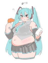 1girl ? aqua_eyes aqua_hair aqua_necktie breasts can censored censored_text closed_mouth cropped_legs detached_sleeves dot_nose drink_can fat food grey_shirt grey_skirt grey_thighhighs hair_between_eyes hatsune_miku holding holding_food long_hair looking_at_viewer medium_breasts miniskirt muffin_top necktie nimo_(b45ui) number_tattoo pleated_skirt shirt simple_background skirt sleeveless solo sweat tattoo thick_thighs thighhighs thighs twintails vocaloid white_background wing_collar