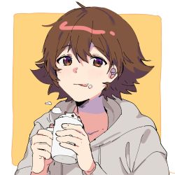 Rule 34 | 1boy, 2hands1cup, alternate costume, blush, border, brown hair, commentary, cream, cream on face, creatures (company), cup, food, food on face, game freak, grey hoodie, hair between eyes, hands up, highres, hilbert (pokemon), holding, holding cup, hood, hoodie, licking lips, long sleeves, looking at viewer, male focus, mug, nintendo, outside border, p (flavorppp), pokemon, pokemon bw, short hair, sketch, solo, tongue, tongue out, upper body, whipped cream, white border