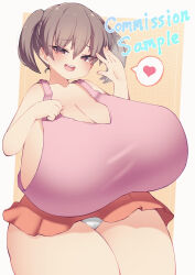 Rule 34 | 1girl, bare shoulders, breasts, brown eyes, brown hair, cleavage, clothes lift, collarbone, commission, cowboy shot, english text, female focus, gigantic breasts, hair between eyes, half-closed eyes, heart, highres, looking at viewer, matching hair/eyes, miniskirt, open mouth, orange skirt, panties, pink shirt, polka dot, polka dot background, shirt, short hair, short twintails, sideboob, skirt, skirt lift, smile, solo, speech bubble, standing, teeth, thick thighs, thighs, twintails, underwear, upper teeth only, w arms, white panties, wide hips, yasume (cheap melon soda)