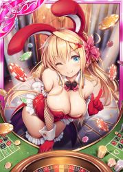 Rule 34 | 1girl, ;), akkijin, animal ears, arm support, bare shoulders, black bow, black gloves, blonde hair, blue eyes, blush, bow, bowtie, braid, breasts, card (medium), carrot, carrot hair ornament, casino, cleavage, closed mouth, detached collar, fake animal ears, fake tail, falling, fishnets, food-themed hair ornament, fortuna (shinkai no valkyrie), frilled leotard, frilled thighhighs, frills, from above, gloves, hair between eyes, hair ornament, hairband, hand up, head tilt, index finger raised, indoors, lace, large breasts, leaning forward, legs together, leotard, light smile, long hair, looking at viewer, official art, one eye closed, playboy bunny, poker chip, ponytail, rabbit ears, rabbit tail, red bow, red bowtie, red hairband, red thighhighs, roulette, roulette table, shinkai no valkyrie, sideboob, sidelocks, smile, solo, sparkle, standing, straight hair, strapless, strapless leotard, table, tail, thighhighs, very long hair, waist cape, wrist cuffs