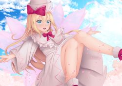 Rule 34 | 1girl, :d, absurdres, blonde hair, blue eyes, blue sky, bow, bowtie, capelet, cloud, cloudy sky, commentary request, day, dress, dutch angle, eyes visible through hair, fairy wings, feet out of frame, flower, flower request, footwear ribbon, frilled capelet, frills, gradient sky, hair between eyes, hat, hat bow, highres, knees up, lens flare, light rays, lily white, long hair, long sleeves, looking at viewer, open mouth, outdoors, outstretched arms, petals, red bow, red bowtie, red ribbon, ribbon, sky, smile, solo, sonia (fetusdream), spread arms, sun, sunlight, teeth, tongue, touhou, upper teeth only, white dress, white footwear, white hat, wide sleeves, wings