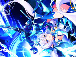 Rule 34 | 1boy, 1girl, armpits, bad id, bad pixiv id, blue background, blue bow, blue eyes, blue hair, blue pants, blue shirt, blue theme, blue thighhighs, bow, braid, chain, ciel (elsword), detached sleeves, dual wielding, elsword, gun, holding, icedango (dpopic3), long hair, luciela r. sourcream, noblesse (elsword), pants, pointy ears, royal guard (elsword), shirt, shoes, smile, symbol-shaped pupils, thighhighs, twintails, weapon, white hair