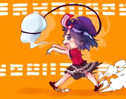 Rule 34 | 1girl, black skirt, cabbie hat, carrot on stick, chasing, colored shadow, commentary request, dust cloud, fang, frilled shirt, frilled skirt, frills, ghost, hat, jiangshi, medium hair, miyako yoshika, motion blur, ofuda, one-hour drawing challenge, open mouth, orange background, outstretched arms, purple eyes, purple hair, purple hat, red shirt, running, shadow, shirt, skirt, smoke trail, solo, star (symbol), teeth, touhou, translation request, unime seaflower, zombie pose