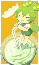 Rule 34 | 1girl, absurdres, barefoot, border, chibi, chibi only, closed eyes, commentary, cup, disposable cup, drinking, drinking straw, drinking straw in mouth, green hair, green shorts, highres, holding, holding drinking straw, konohoshi, long hair, milkshake, mini person, minigirl, orange background, outline, outside border, puffy shorts, shirt, short sleeves, shorts, solo, standing, suspender shorts, suspenders, voicevox, white border, white outline, white shirt, zundamon
