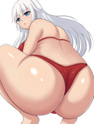 Rule 34 | 1girl, architect, ass, bare shoulders, barefoot, bikini, blue eyes, blush, breasts, frame arms girl, from behind, huge ass, large breasts, long hair, looking back, red bikini, shiny clothes, shiny skin, sideboob, silver hair, solo, swimsuit, thong, thong bikini, tomoe makino, very long hair