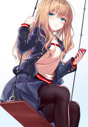 Rule 34 | 1girl, absurdres, blonde hair, breasts, cellphone, e-bbh, green eyes, gridman universe, highres, jacket, long hair, looking at viewer, minami yume, pantyhose, phone, school uniform, skirt, small breasts, solo, ssss.dynazenon