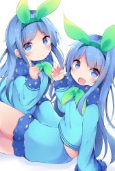 Rule 34 | 2girls, :d, absurdres, arm support, blue eyes, blue hair, blue shirt, blue skirt, blush, claw pose, closed mouth, commentary request, green hairband, green ribbon, hairband, highres, index finger raised, kyuukon (qkonsan), long hair, long sleeves, looking at viewer, multiple girls, near (sound voltex), noah (sound voltex), open mouth, ribbon, shirt, simple background, sitting, skirt, smile, sound voltex, sound voltex ii infinite infection, sound voltex iii gravity wars, star (symbol), star print, very long hair, white background