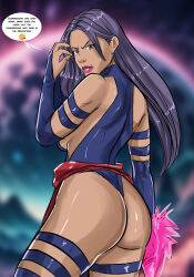 Rule 34 | 1girl, artist request, artist self-insert, ass, blue leotard, breasts, curvy, energy sword, english text, glowing, highres, holding, holding sword, holding weapon, huge ass, large breasts, leotard, lips, long hair, looking at viewer, looking back, marvel, psylocke, purple eyes, purple hair, red sash, revealing clothes, sash, shiny clothes, shiny skin, skindentation, solo, standing, sword, very long hair, weapon, wide hips, x-men