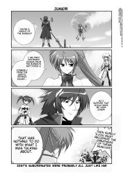 Rule 34 | 00s, 1boy, 3girls, agito, agito (nanoha), asymmetrical legwear, bat wings, closed eyes, comic, english text, gloves, greyscale, hair ornament, hard-translated, jacket, lyrical nanoha, magical girl, mahou shoujo lyrical nanoha, mahou shoujo lyrical nanoha strikers, mikage takashi, mini person, minigirl, monochrome, multiple girls, open clothes, open jacket, planet, ponytail, reinforce zwei, signum, single thighhigh, thighhighs, third-party edit, translated, uneven legwear, waist cape, wings, x hair ornament, zest grangeitz