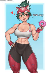 Rule 34 | 1girl, abs, animal ears, blue background, breasts, cat ears, cheekie, cleavage, doughnut, english text, fingerless gloves, food, gloves, green hair, heart, kiriko (overwatch), large breasts, looking at viewer, muscular, muscular female, orange eyes, overwatch, pants, ponytail, solo, thick thighs, thighs, toned, two-tone pants
