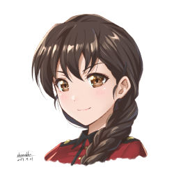 Rule 34 | 10s, 1girl, artist name, braid, brown eyes, brown hair, closed mouth, dated, epaulettes, girls und panzer, hair over shoulder, jacket, long hair, looking at viewer, military, military uniform, portrait, red jacket, rukuriri (girls und panzer), shamakho, signature, simple background, single braid, smile, solo, st. gloriana&#039;s military uniform, uniform, white background