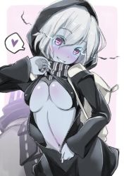 Rule 34 | 10s, 1girl, abyssal ship, bikini, bikini pull, bikini top only, black bikini, blush, breasts, clothes pull, come hither, grin, heart, hood, kantai collection, large breasts, looking at viewer, navel, o-ring, o-ring top, pale skin, purple eyes, re-class battleship, scarf, short hair, silver hair, simple background, smile, solo, spoken heart, swimsuit, tail, underboob, wa (genryusui), zipper