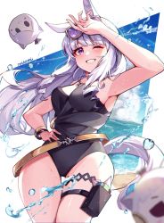 Rule 34 | 1girl, animal ears, artist name, black one-piece swimsuit, blunt bangs, breasts, casual one-piece swimsuit, gold ship (run revolt launcher) (umamusume), gold ship (umamusume), grey hair, highres, horse ears, horse girl, horse tail, large breasts, long hair, looking at viewer, misoni (mi so ni t), official alternate costume, one-piece swimsuit, pouch, purple eyes, smile, solo, sunglasses, swimsuit, tail, thigh pouch, umamusume