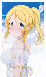 Rule 34 | 1girl, aqua ribbon, arm garter, artist name, artist request, ayase eli, bare shoulders, blonde hair, blue eyes, blue sky, blush, bow, bracelet, breasts, cleavage, close-up, cloud, collarbone, day, detached collar, dress, feathers, female focus, flower, flower necklace, from behind, hair between eyes, hair flower, hair ornament, high ponytail, highres, jewelry, large breasts, long hair, looking at viewer, looking back, love live!, love live! school idol festival, love live! school idol project, necklace, outdoors, parted lips, pink flower, plaid, plaid dress, pleated, pleated dress, ponytail, ribbon, short hair, sky, sleeveless, sleeveless dress, smile, solo, star (symbol), star bracelet, star print, upper body, white bow, white detached collar, white dress, white feathers