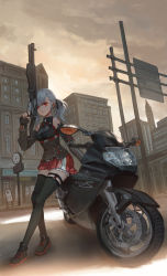 Rule 34 | 12-gauge, 12-gauge (2 3/4 inch shell), 1girl, ammunition, ammunition belt, ankle boots, arm support, ascot, black ribbon, black shirt, black thighhighs, black vest, bmw k211 s, boots, bow, bowtie, breasts, buckle, building, cityscape, clock, clock tower, closed mouth, cloud, cloudy sky, collared vest, combat shotgun, detached sleeves, dual-mode shotgun, dusk, expressionless, fingerless gloves, franchi, full body, girls&#039; frontline, gloves, gun, hair ribbon, highres, holding, holding gun, holding weapon, lamppost, large breasts, leaning against motorbike, looking at viewer, menu board, motor vehicle, motorcycle, pleated skirt, pump-action shotgun, pump action, red eyes, red skirt, restaurant, ribbon, road, scenery, semi-automatic firearm, semi-automatic shotgun, shirt, shop, shotgun, shotgun shell, sidelocks, sign, silver hair, skirt, sky, solo, spas-12, spas-12 (girls&#039; frontline), strap, street, tactical clothes, thigh strap, thighhighs, tower, twintails, vest, weapon, xukong, zettai ryouiki
