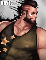 Rule 34 | 1boy, bandaid, bandaid on face, bara, bare arms, bear, black eyes, black hair, black tank top, covered abs, cyphers, damian doyle (cyphers), dirty, dsharp, covered erect nipples, green tank top, large pectorals, looking to the side, male focus, mohawk, muscular, pectorals, short hair, solo, tank top, upper body