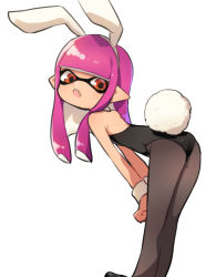 Rule 34 | 1girl, animal ears, ass, bad id, bad pixiv id, bare shoulders, bent over, black leotard, black pantyhose, busujima funya, detached collar, fake animal ears, fang, hands on own knees, highres, inkling, inkling girl, inkling player character, leotard, long hair, mask, nintendo, open mouth, pantyhose, playboy bunny, pointy ears, purple eyes, purple hair, rabbit ears, rabbit tail, simple background, solo, strapless, strapless leotard, tail, tentacle hair, white background, wrist cuffs