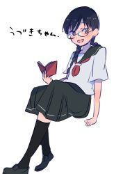 Rule 34 | 1girl, black eyes, black footwear, black hair, black sailor collar, black skirt, black socks, blush, book, braid, character name, commentary request, crossed legs, full body, glasses, hanada hyou, holding, holding book, kneehighs, long hair, looking at viewer, low twin braids, miniskirt, neckerchief, open book, open mouth, original, red neckerchief, round eyewear, sailor collar, sailor shirt, school uniform, shirt, shoes, short sleeves, sitting, skirt, smile, socks, twin braids, white shirt, wide sleeves