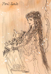 Rule 34 | 1girl, bracelet, brown theme, character name, dress, from side, hair ornament, highres, jewelry, kazuki-mendou, tolkien&#039;s legendarium, long hair, looking at viewer, looking to the side, miriel (silmarillion), monochrome, one-hour drawing challenge, pointy ears, sepia, sitting, smile, solo, the silmarillion, very long hair