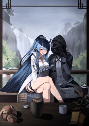 Rule 34 | 1girl, 1other, absurdres, ambiguous gender, arknights, black coat, black gloves, black shorts, black skin, blue eyes, blue hair, blue horns, breasts, coat, colored skin, crossed legs, cup, doctor (arknights), dragon girl, dragon horns, earrings, gloves, gourd, gradient skin, hair ornament, hand on another&#039;s shoulder, highres, holding, holding cup, hood, hood up, hooded coat, horns, jewelry, kimsuwan2013, lantern, large breasts, ling (arknights), long hair, long sleeves, mountain, multicolored hair, necktie, open clothes, open mouth, pointy ears, shirt, shorts, sitting, sky, streaked hair, tassel, tassel earrings, thigh strap, thighs, tree, very long hair, white coat, white shirt, yellow necktie